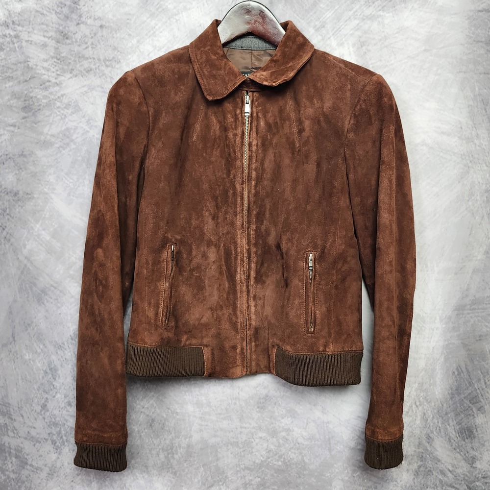 Chocolate Brown Suede Leather Bomber Jacket Full Zip 10P Talbots